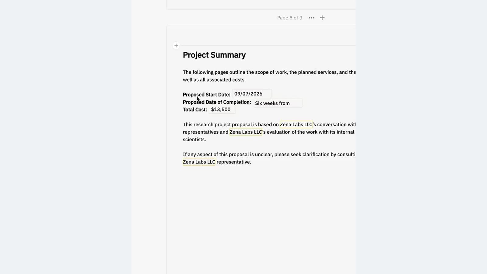 A finished PandaDoc business proposal generated from one ChatGPT prompt, showing the project summary, proposed start date and total cost