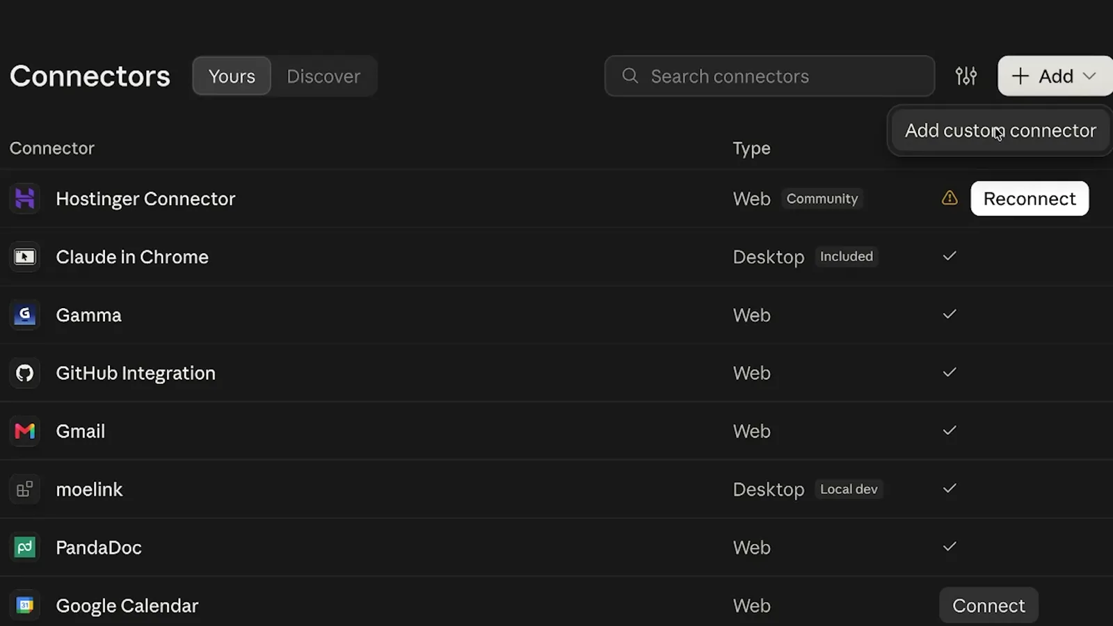 Claude Settings, Connectors page, with the Add custom connector option open