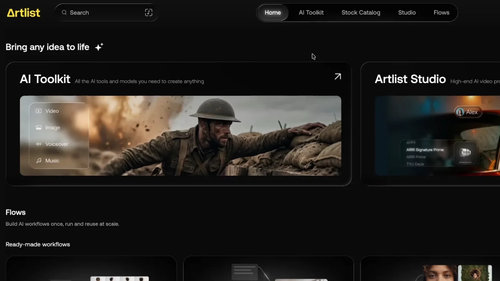 Artlist homepage with the AI Toolkit and Artlist Studio cards and ready-made Flows templates