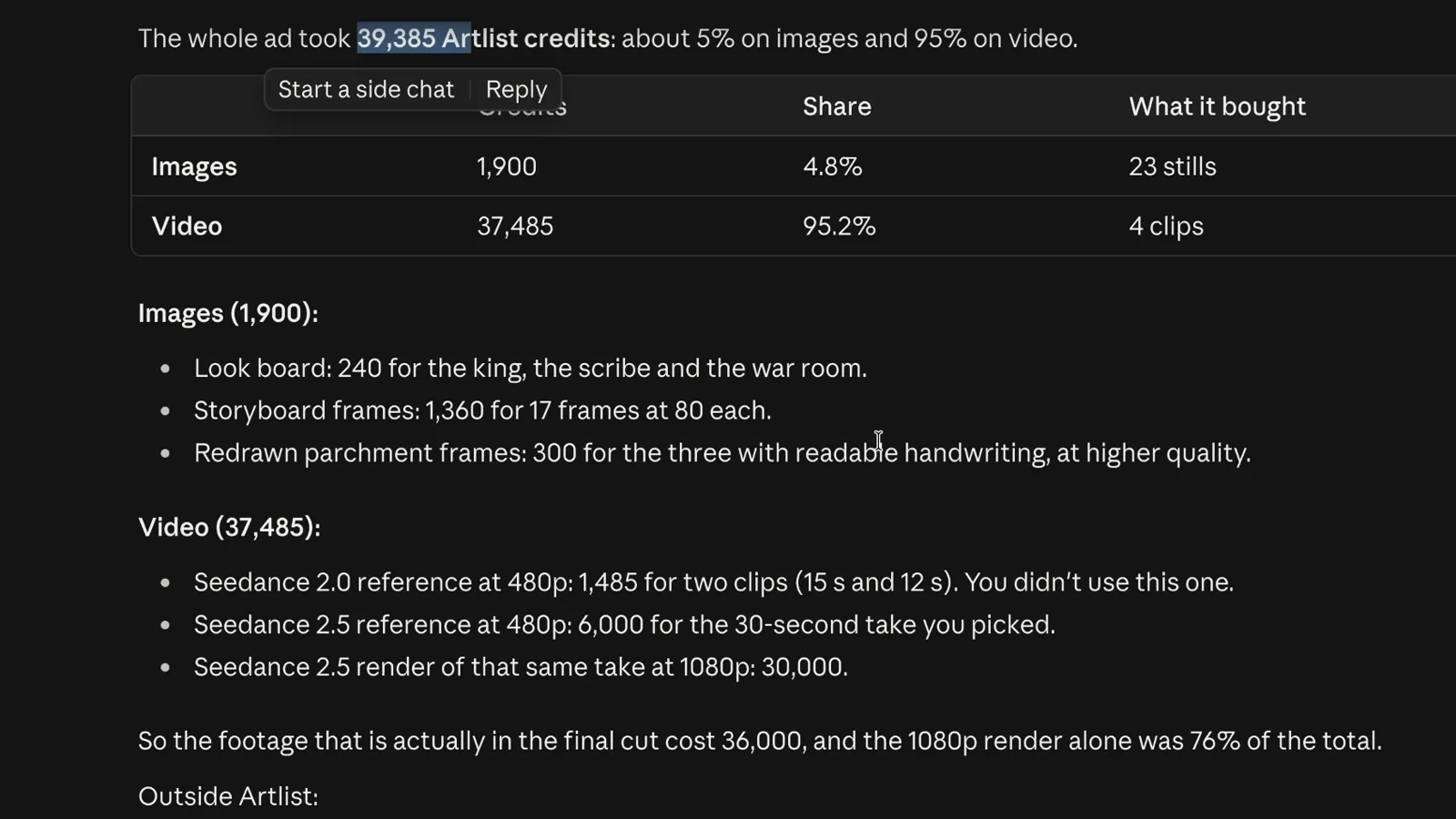 Claude's credit breakdown for The Scribe ad: 1,900 credits on images and 37,485 on video, most of it the Seedance 2.5 render at 1080p