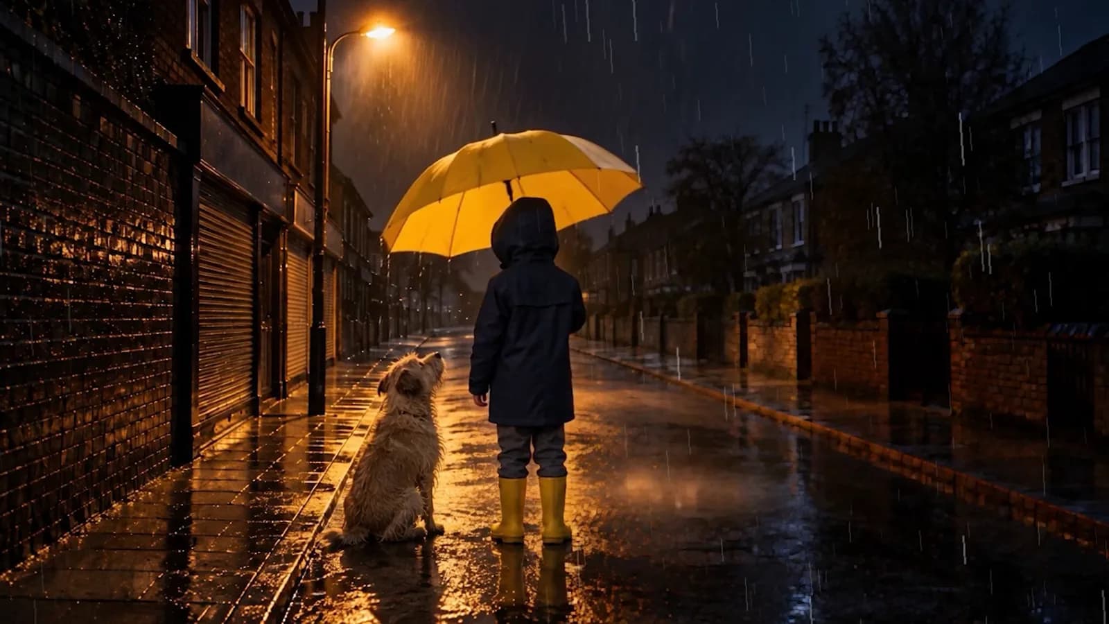 A child in yellow boots holding a yellow umbrella over a wet dog on a rainy street at night, from the test short film