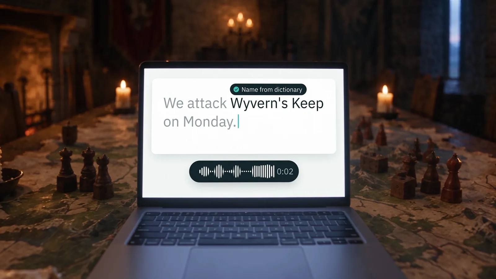 The end frame of The Scribe ad: a laptop in the war room showing Rambleproof typing We attack Wyvern's Keep on Monday