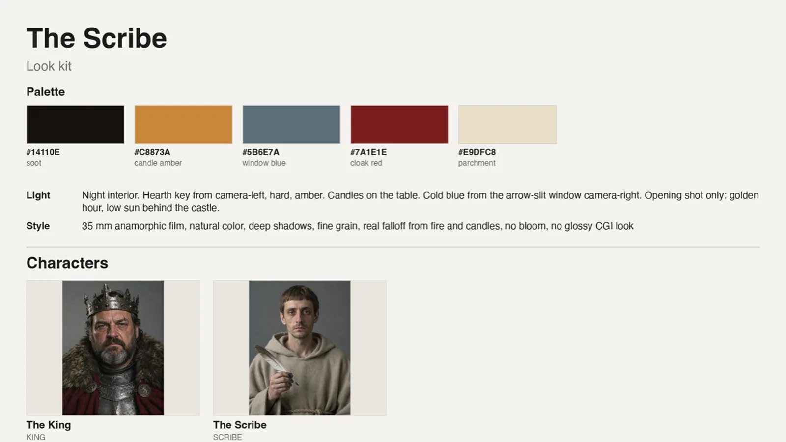 The Scribe look kit: a five-color palette, lighting and style notes, and reference portraits of the king and the scribe