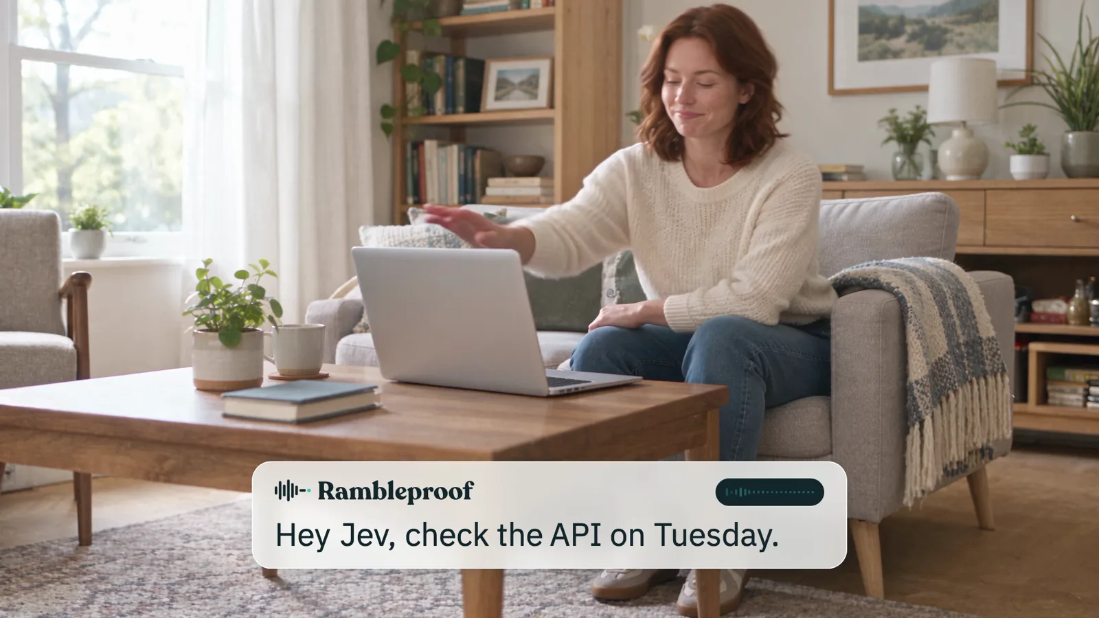 A woman on her couch dictating with Rambleproof, which shows Hey Jev, check the API on Tuesday, from The Quiet Floor ad