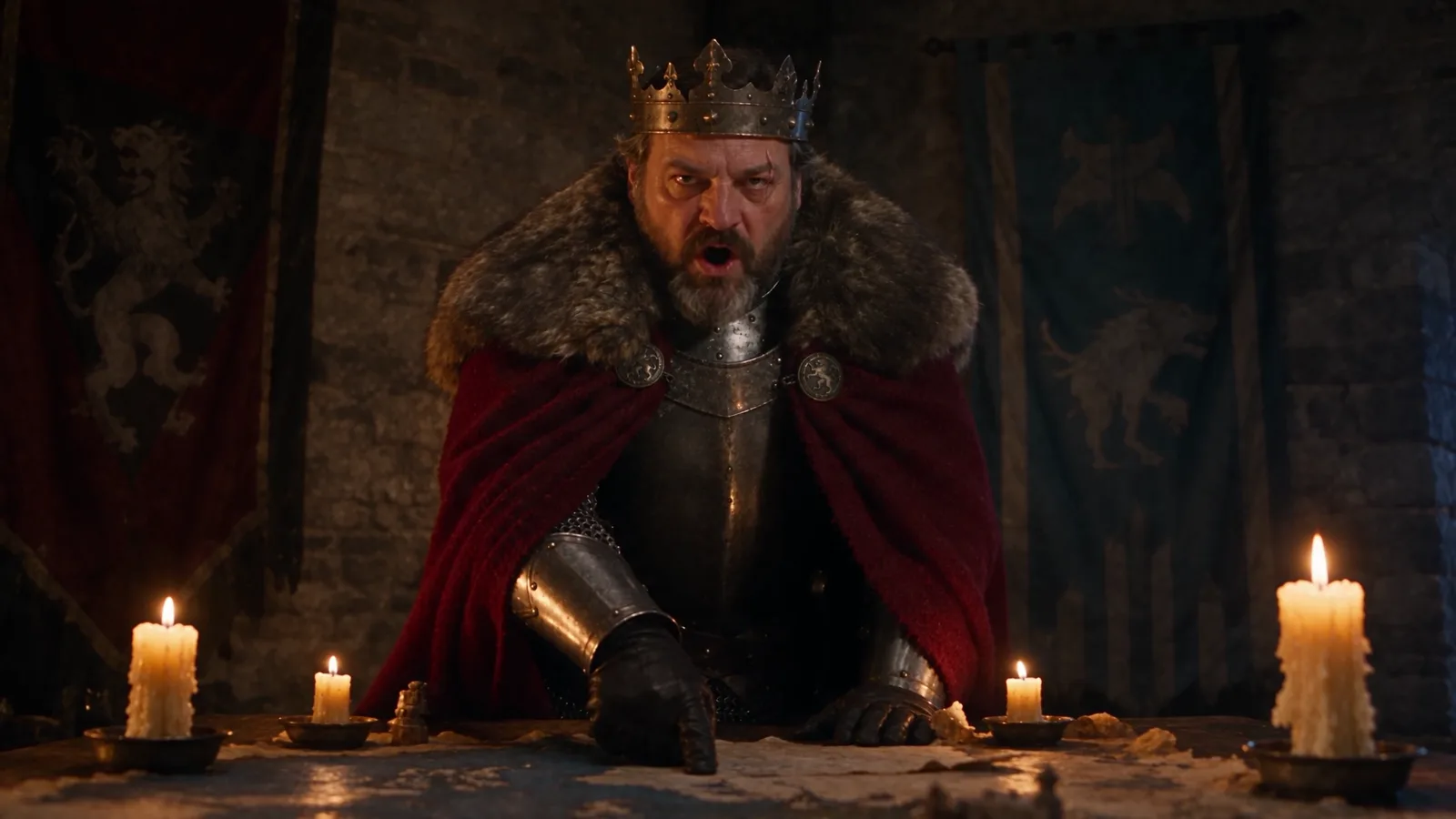 A king in a crown and red cloak leaning over a candlelit war table, a shot from The Scribe ad that Claude directed through the Artlist MCP