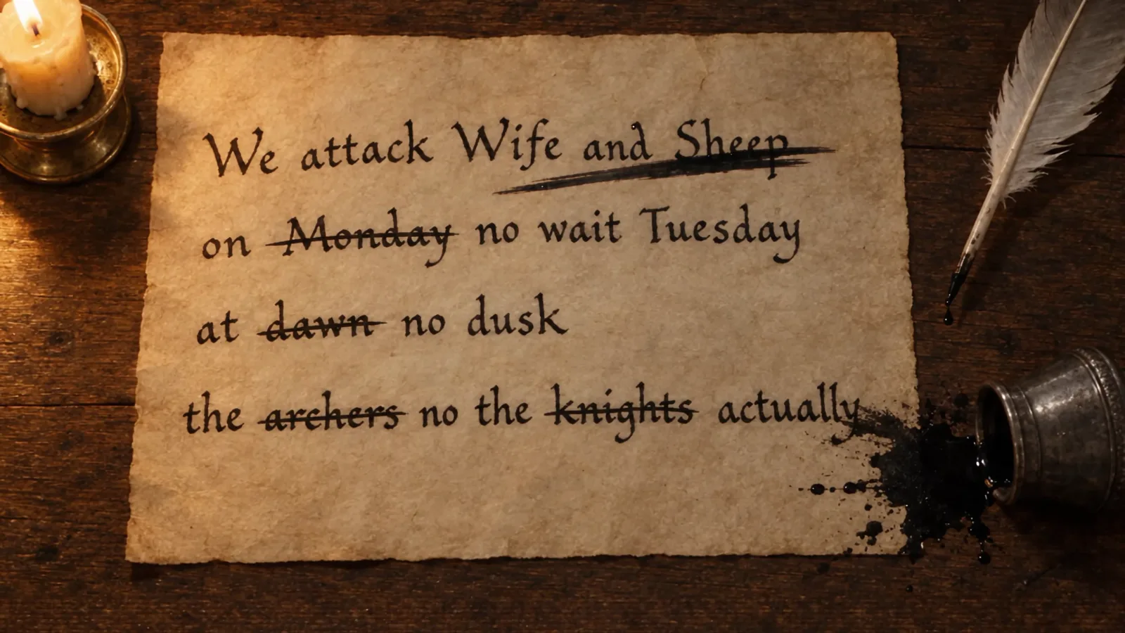 The parchment from The Scribe ad reading We attack Wife and Sheep, with Monday, dawn, the archers and the knights crossed out