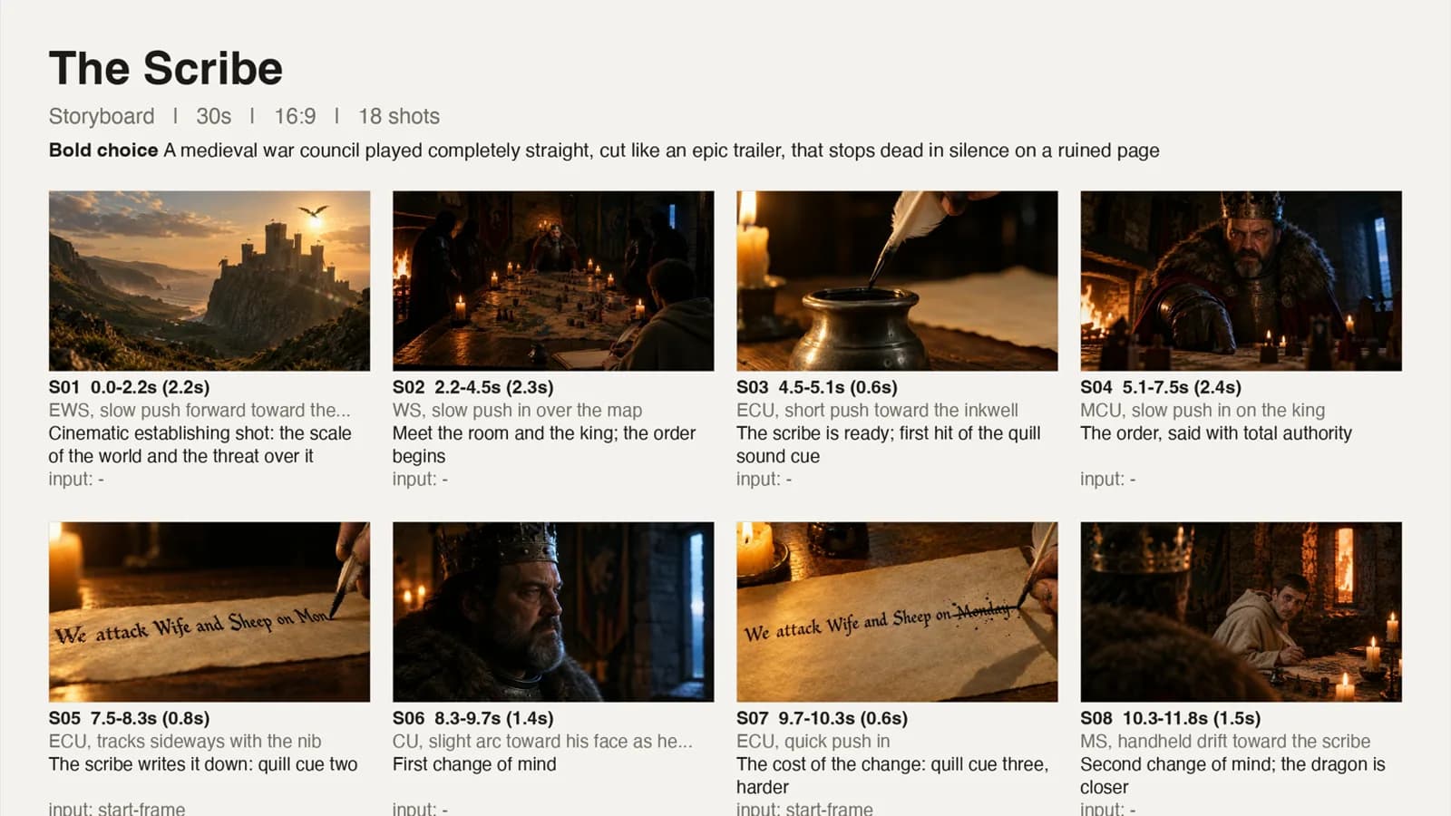 The Scribe storyboard made by the skill: 18 shots over 30 seconds, each with timing, camera move and the reason for the shot