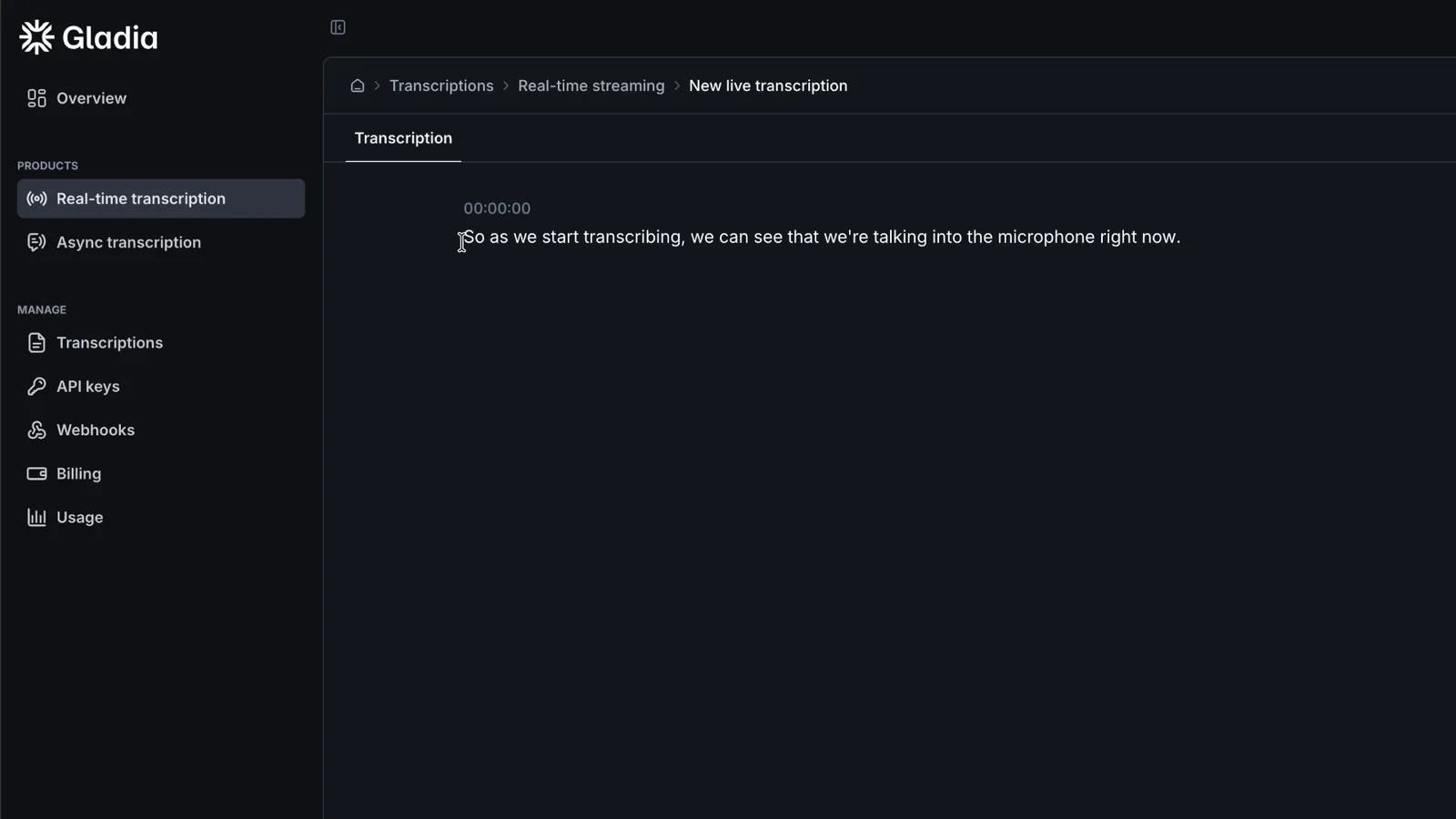 Gladia dashboard playground transcribing speech live, with timestamp, sentiment and named entity recognition toggles