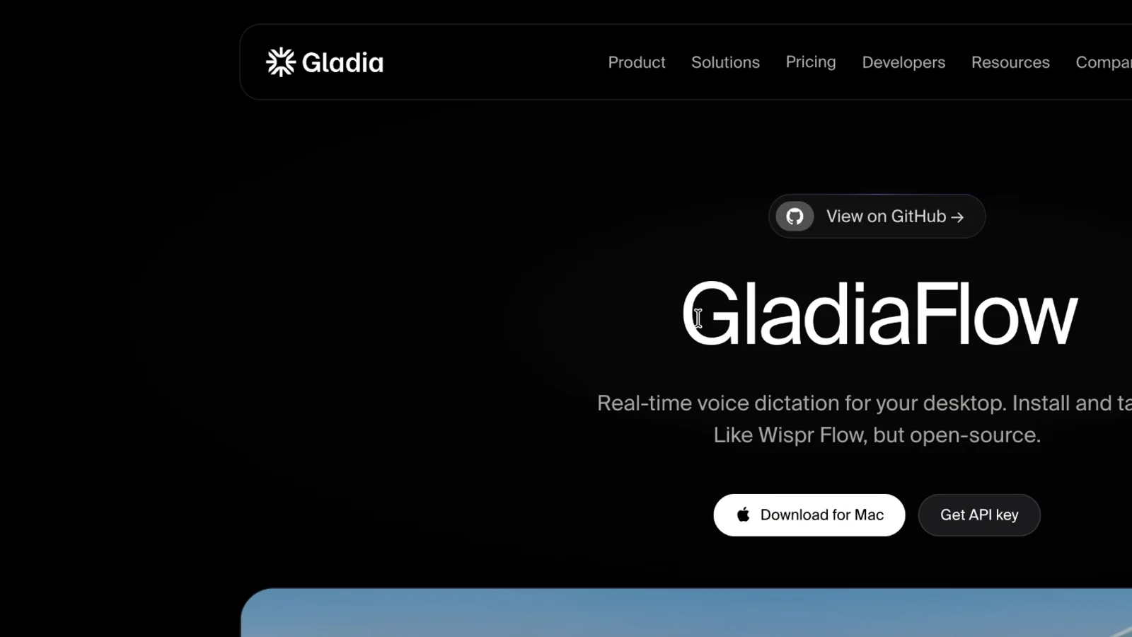 GladiaFlow download page: real-time voice dictation for your desktop, with Download for Mac and Get API key buttons