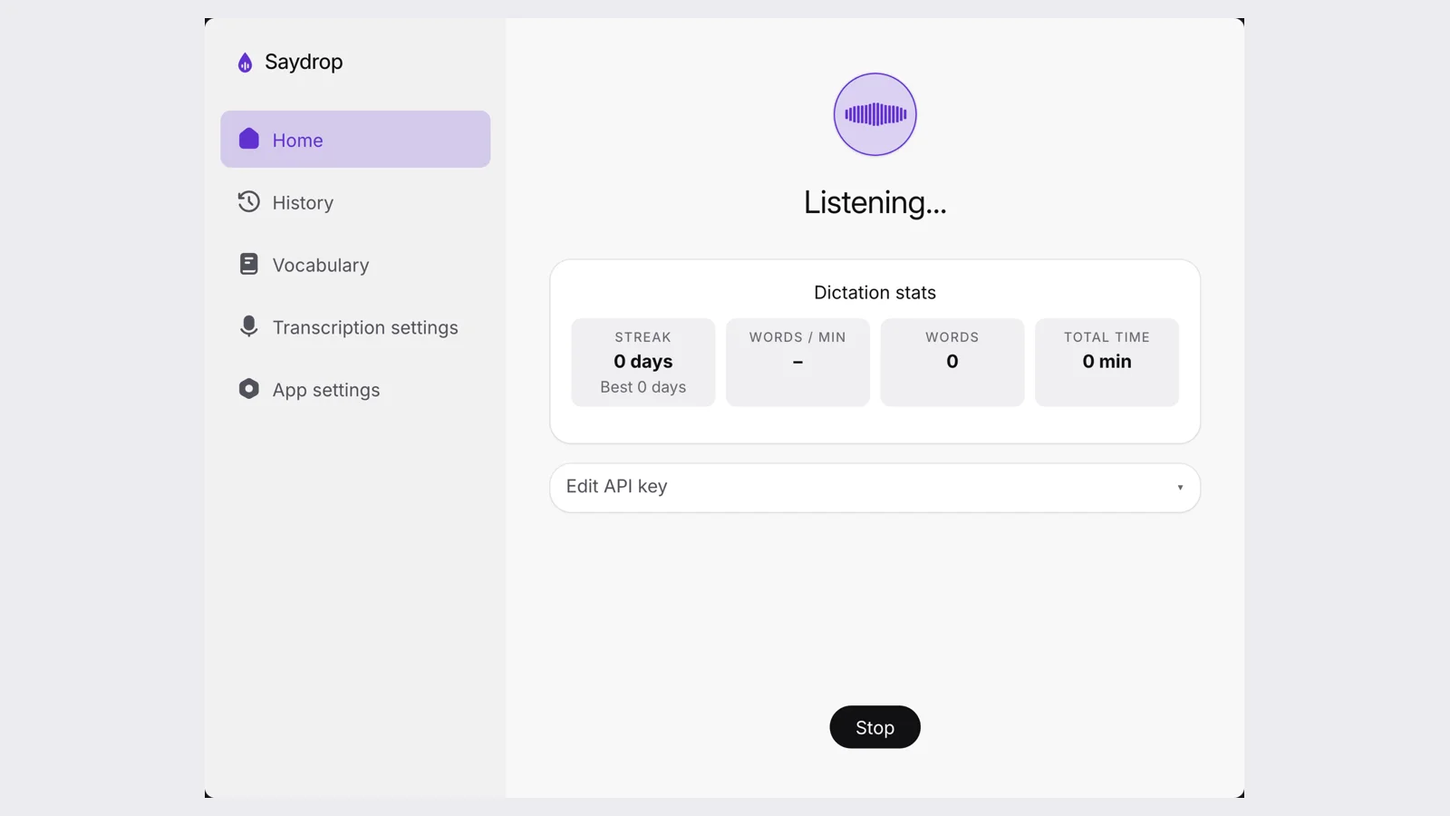 Saydrop in light theme showing the Listening screen with a waveform icon and dictation stats for streak, words per minute, words and total time