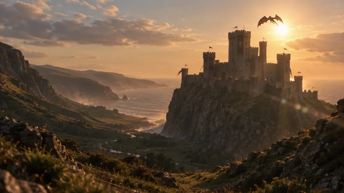 A castle on a cliff at golden hour with a dragon in the sky, the opening shot of an AI ad Claude directed through the Artlist MCP
