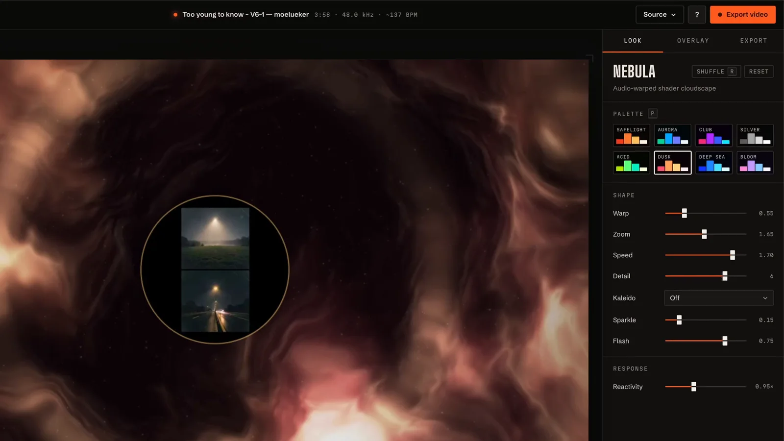 Afterglow music visualizer in Nebula mode: an orange and red audio-reactive cloud surrounding the album art, with warp, zoom, speed and sparkle sliders in the side panel