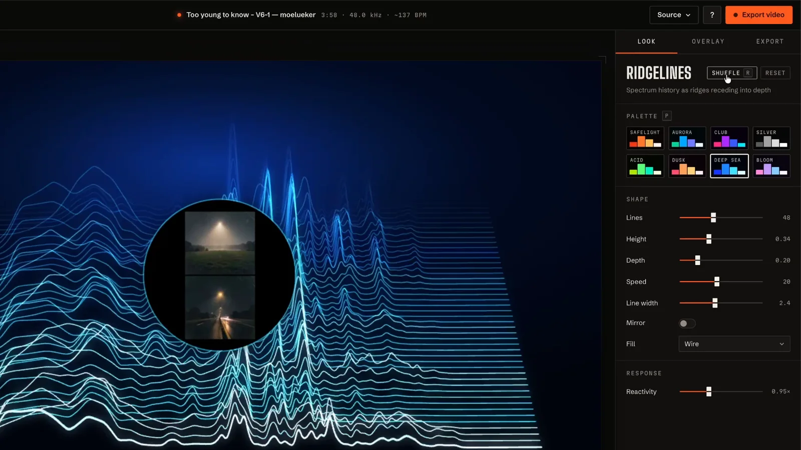 Afterglow music visualizer built by Claude Opus 5.5 in Ridgelines mode: blue spectrum lines rising into a 3D ridge around the album art, with palette and shape controls in the side panel