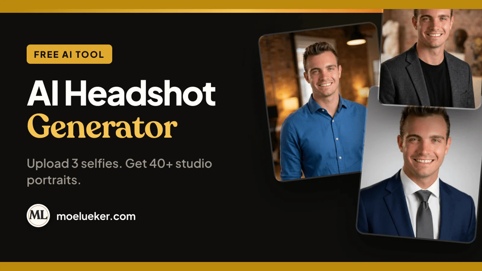 Moe's AI Headshot Generator: upload 3 selfies and get 40+ studio portraits, shown with example business headshots