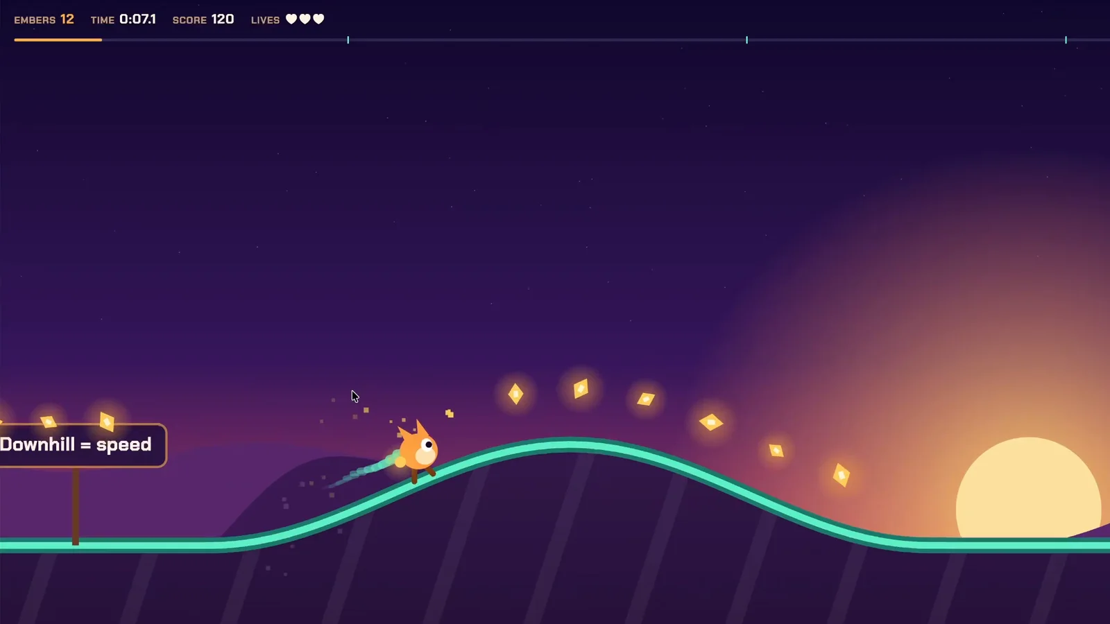 Sundown Courier, a side-scrolling platformer Claude Opus 5.5 built from one prompt: a comet fox runs along a glowing green hill at sunset, collecting embers, next to a Downhill = speed sign