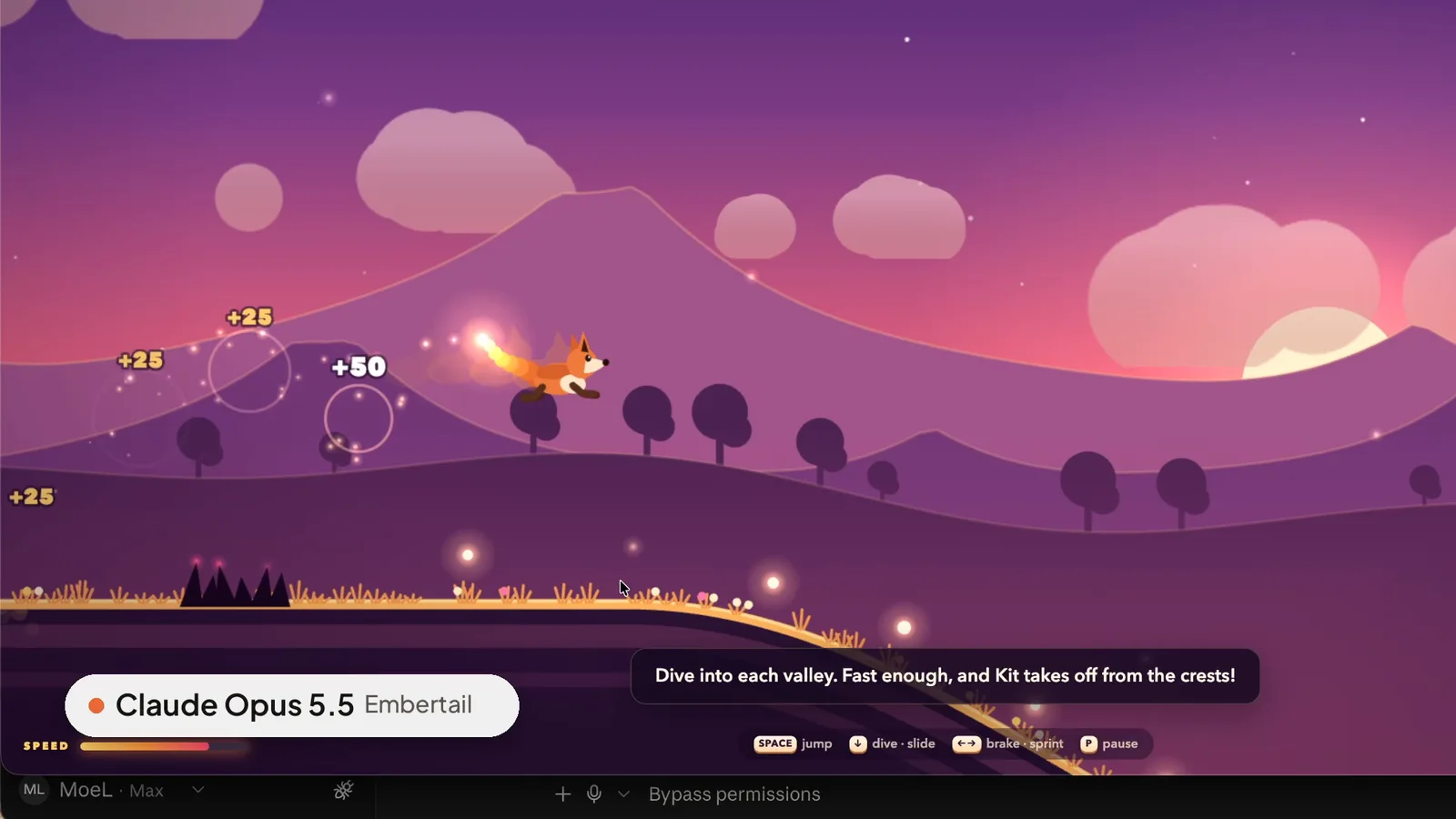 Embertail, the runner game Claude Opus 5.5 built from one prompt: a fox diving through a purple valley at sunset with score popups and a speed meter