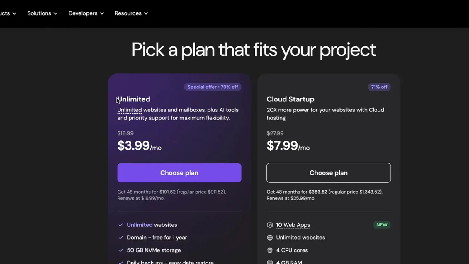 Hostinger plan picker showing the Unlimited plan with unlimited websites, a free domain for one year and AI tools next to the Cloud Startup plan