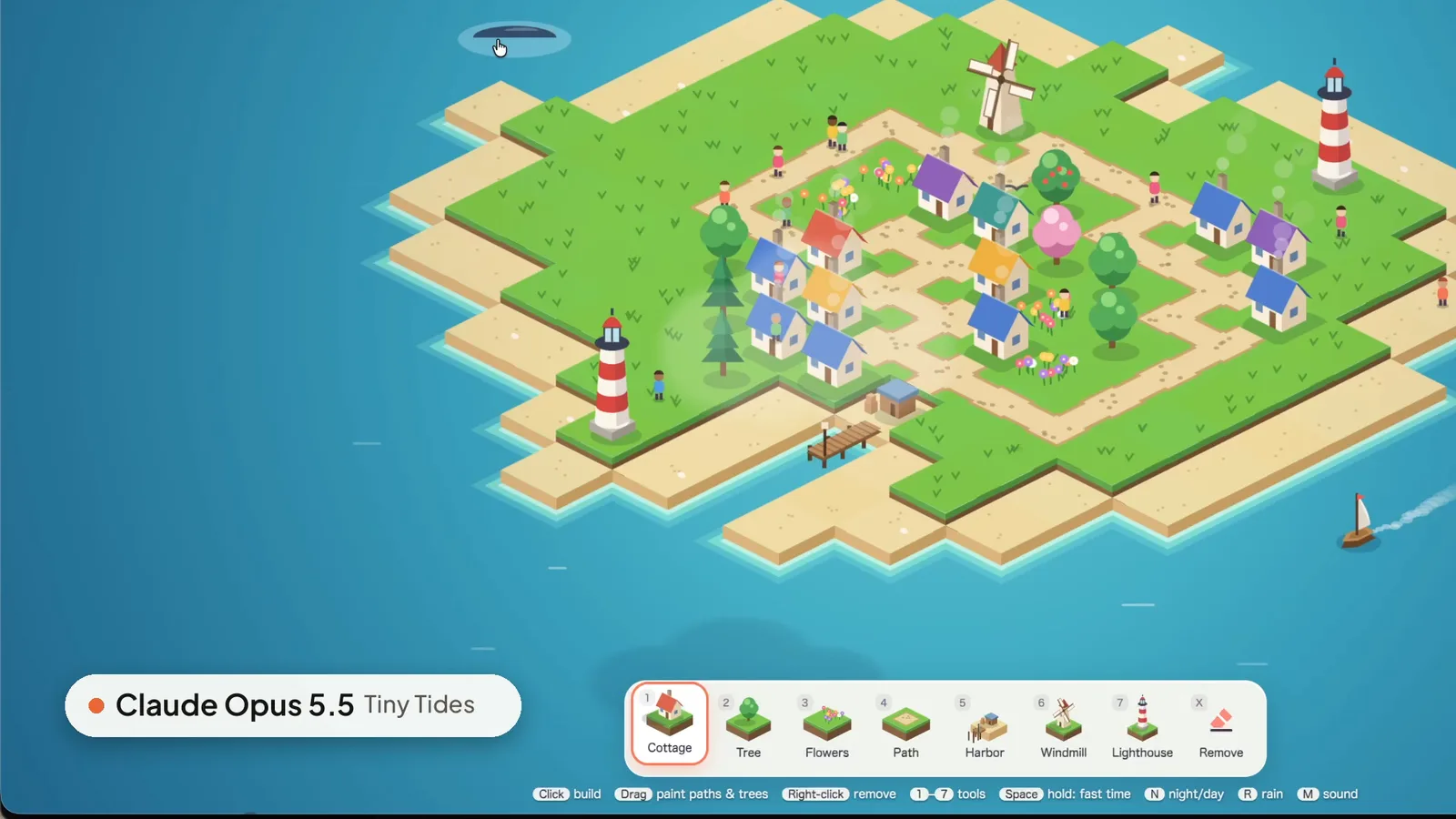 Tiny Tides island builder by Claude Opus 5.5: a grown island with colorful cottages, paths, a windmill, two lighthouses, villagers and a sailboat, with a build toolbar