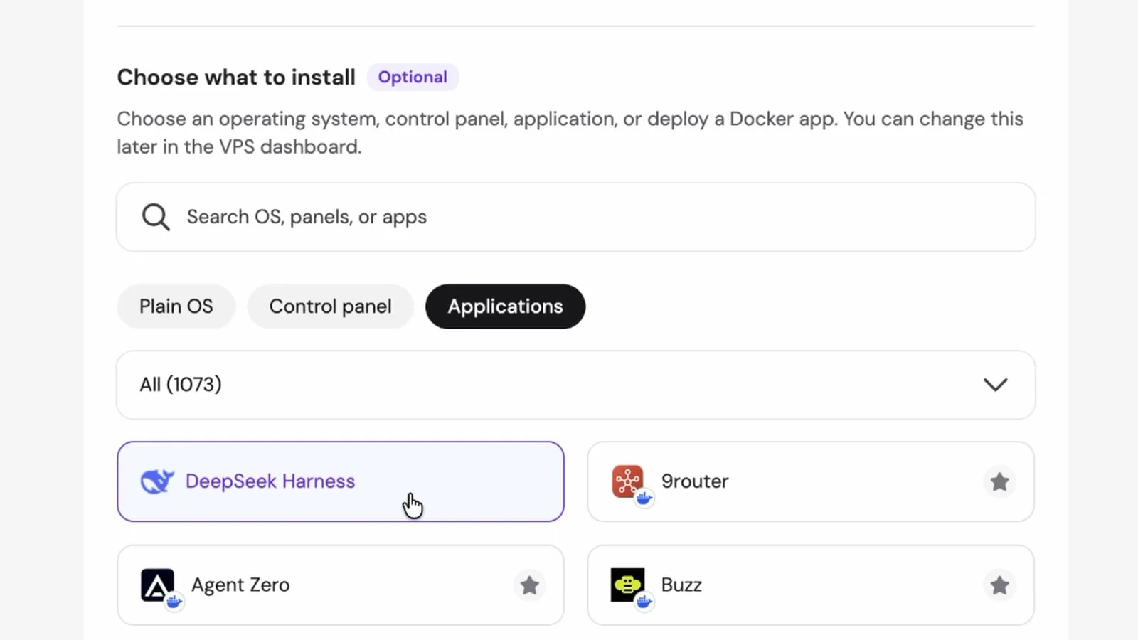 Hostinger VPS checkout showing DeepSeek Harness selected from the applications list