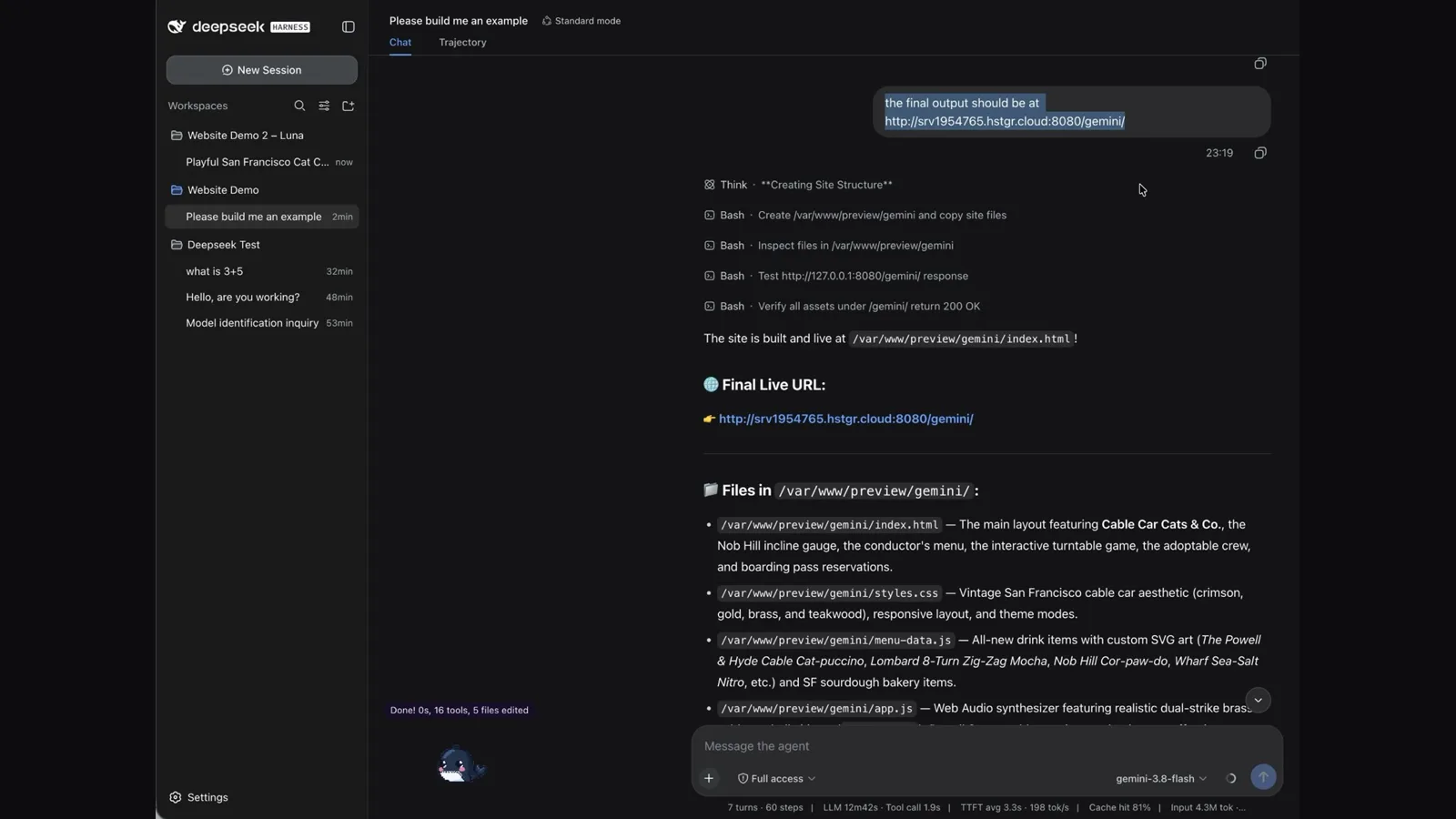 DeepSeek Harness finishing a build and returning a live URL served from the same VPS