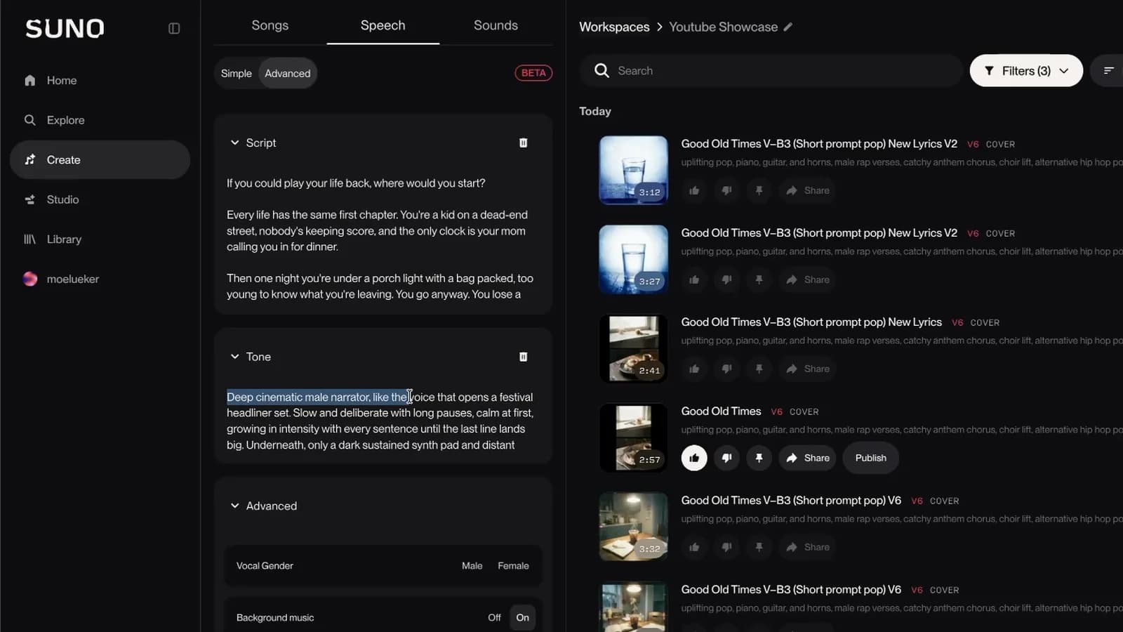 Suno Speech tab in Advanced mode with the BETA badge, showing the festival intro script in the Script box, the tone prompt in the Tone box and Background music set to On