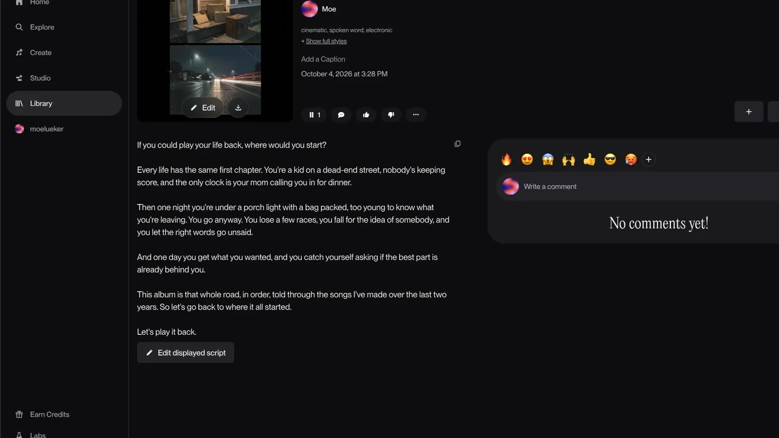 Suno track page for the Play It Back intro, tagged cinematic, spoken word, electronic, with the full script shown as text and the Edit displayed script button