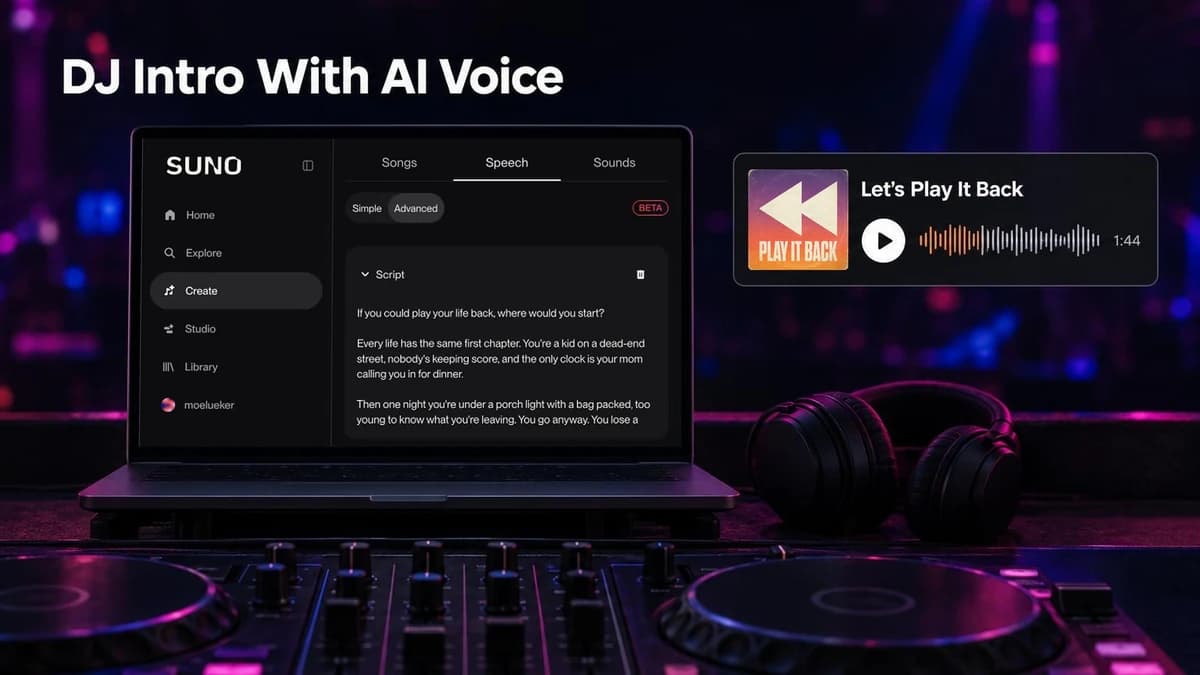 DJ intro made with AI voice: a laptop in a DJ booth showing Suno Speech (Beta) with the intro script, next to headphones and a DJ controller, with the finished 1:44 audio