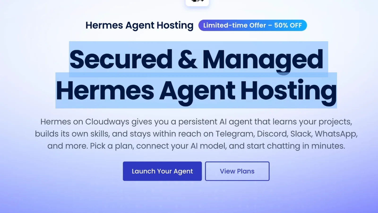 Cloudways Secured and Managed Hermes Agent Hosting page with the Launch Your Agent button