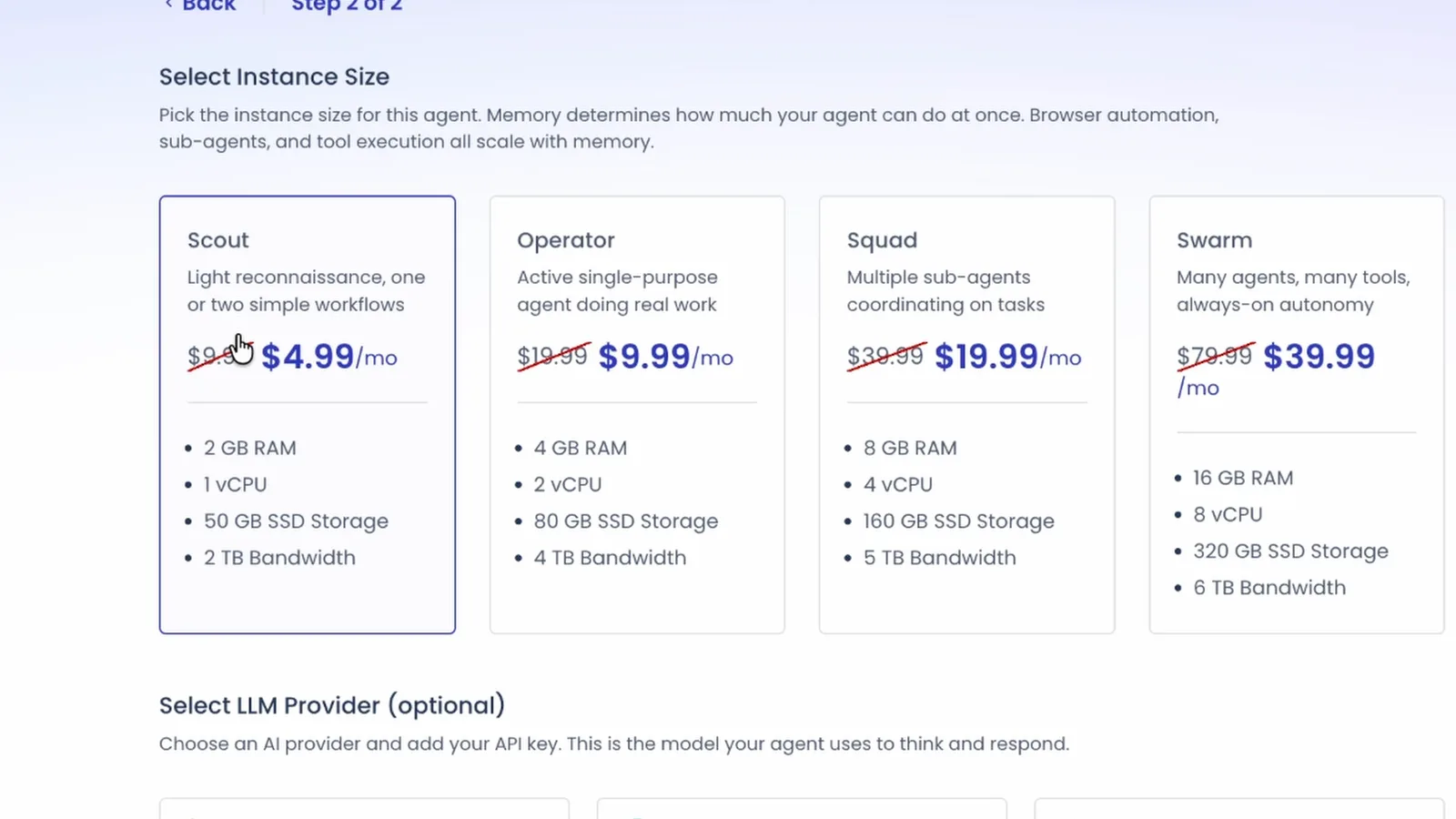Cloudways Hermes plan picker showing Scout, Operator, Squad and Swarm with the 50% off launch prices