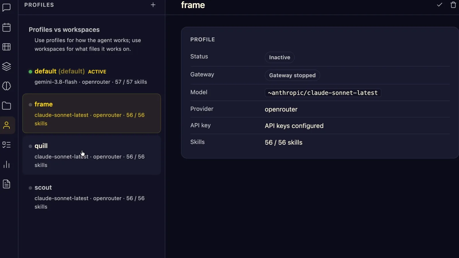 Hermes Agent profiles panel listing the default agent plus the frame, quill and scout agents
