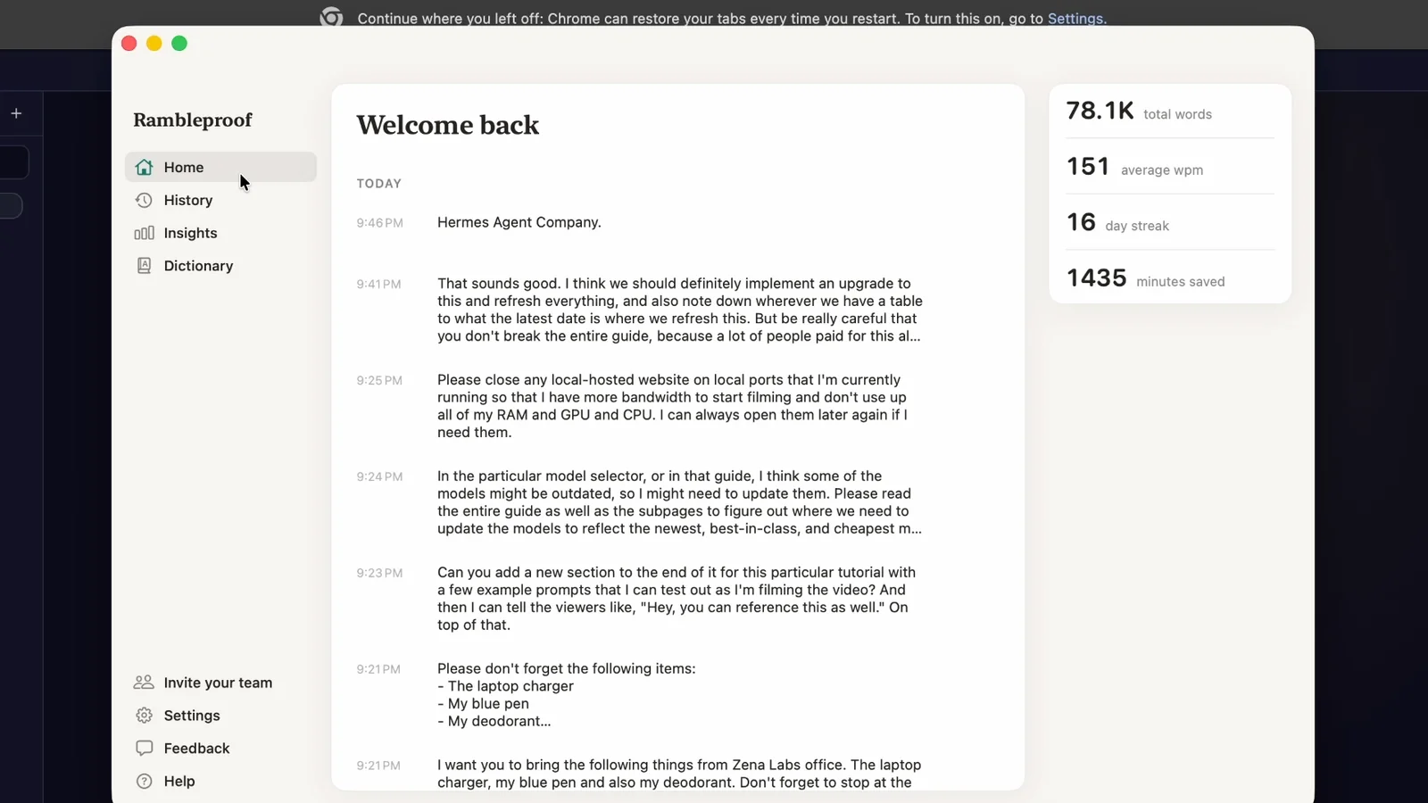 Rambleproof dictation app for Mac showing dictated prompts to an AI agent in the history view