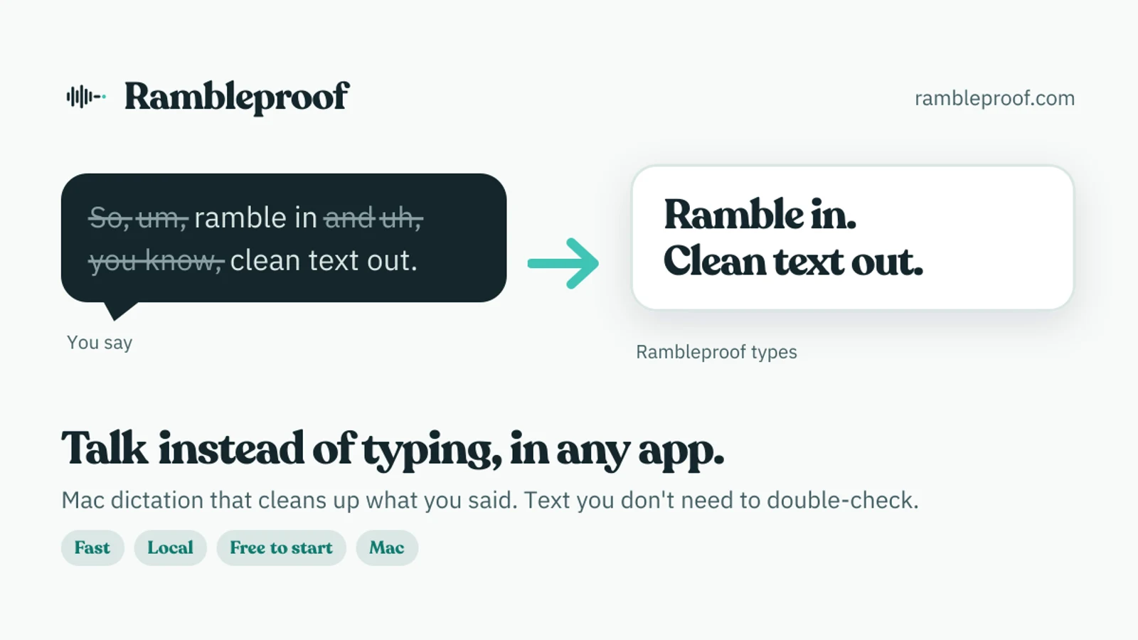 Rambleproof: talk instead of typing in any app. Mac dictation that cleans up what you said.