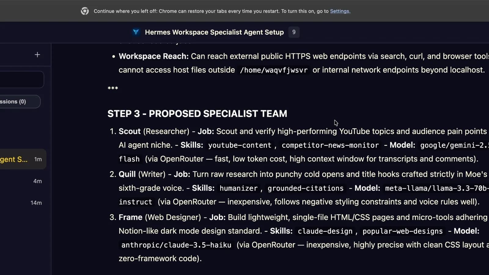 Hermes Agent proposing a specialist team of Scout the researcher, Quill the writer and Frame the web designer