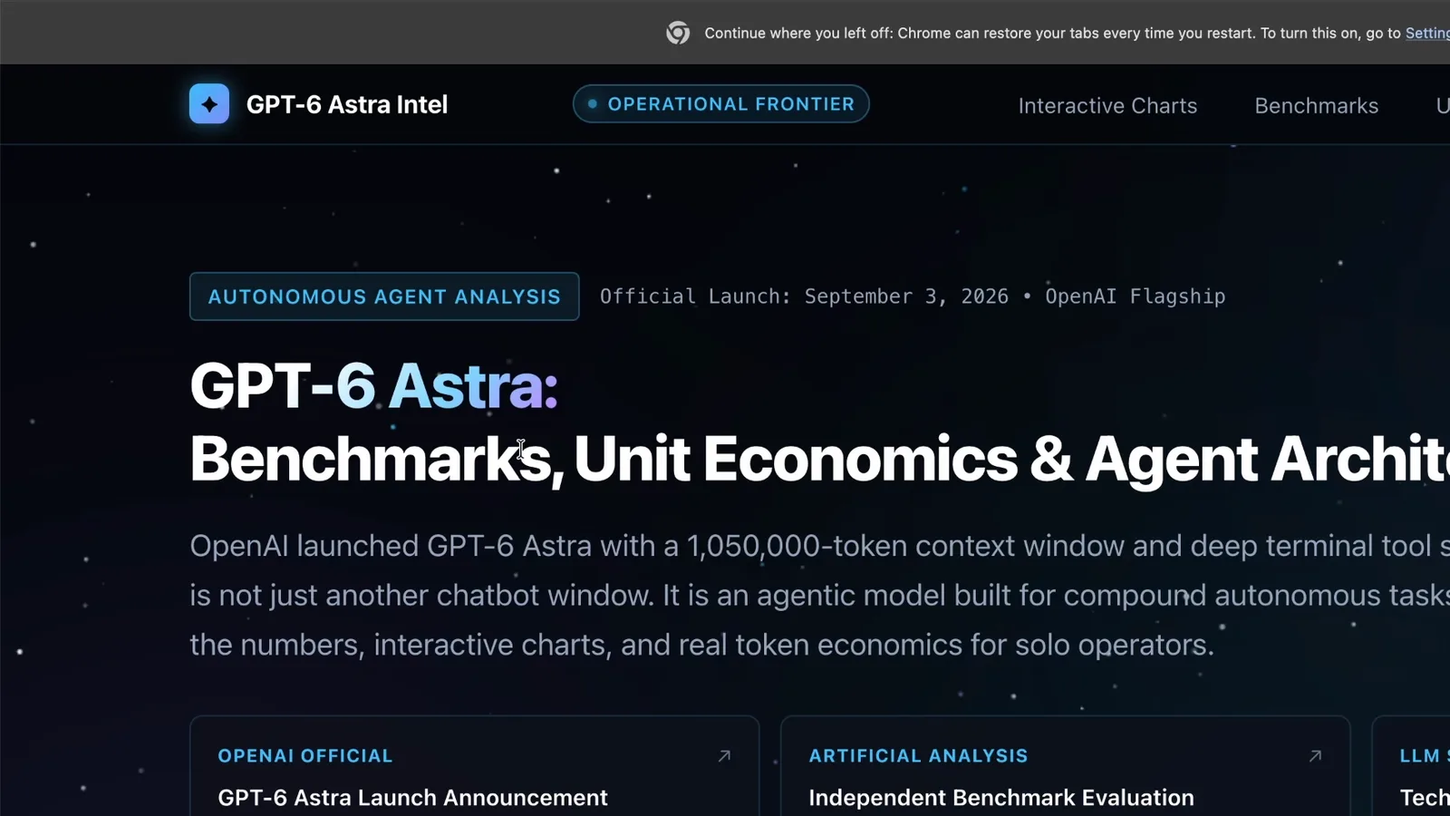 Interactive GPT-6 Astra website built by Hermes Agent with benchmarks, unit economics and agent architecture sections