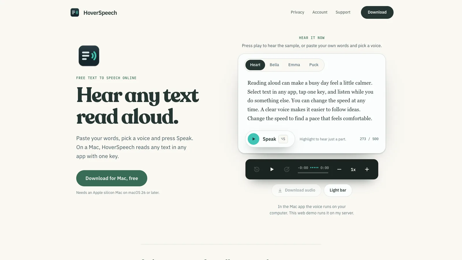 The live HoverSpeech web page: Hear any text read aloud, with a voice picker, a Speak button and a Download for Mac button