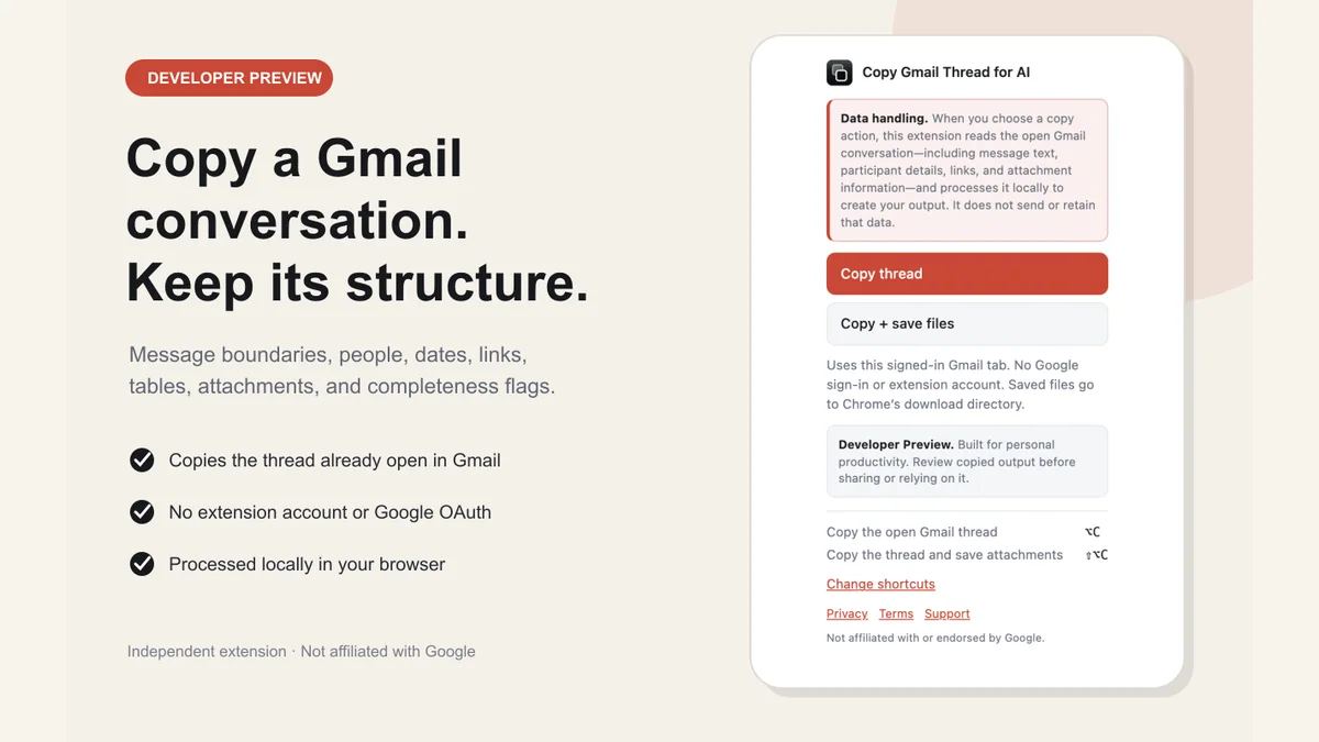 Copy Gmail Thread for AI popup beside a structured Gmail conversation