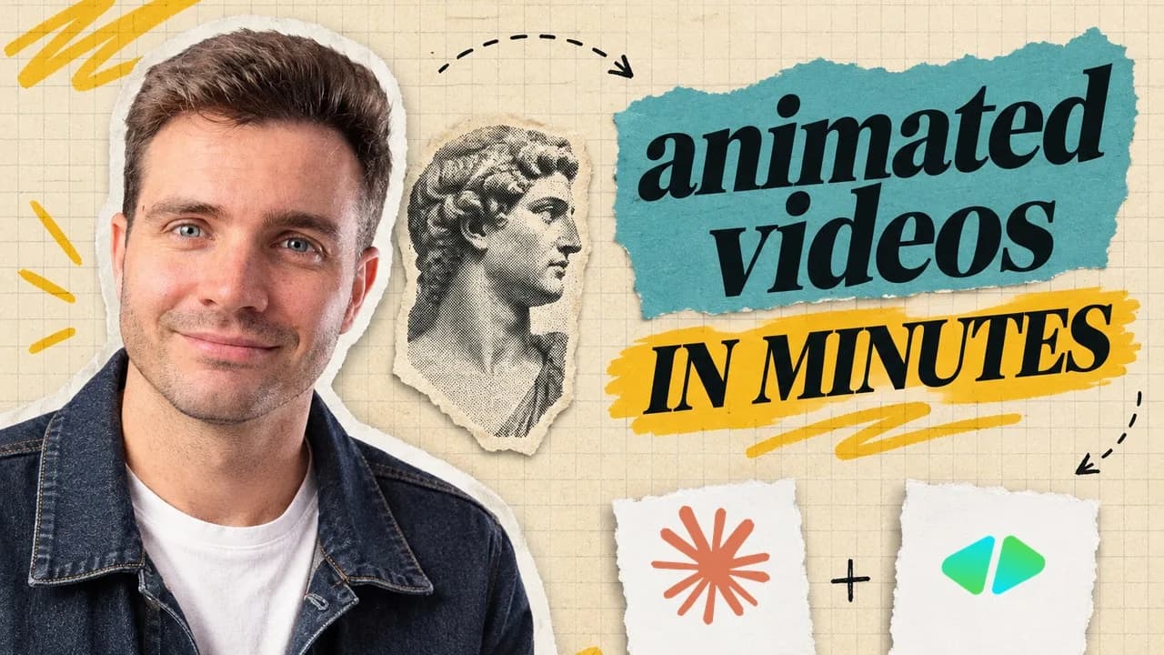 Paper collage thumbnail reading animated videos in minutes, with the Claude and HyperFrames marks