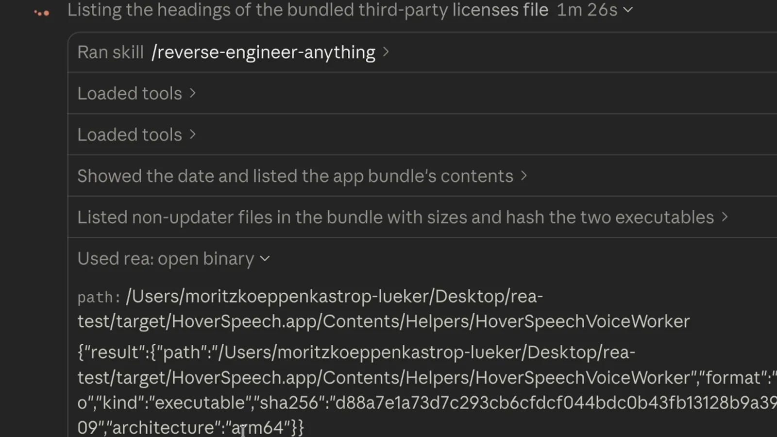 Claude Code running the REA skill on HoverSpeech: open binary on the HoverSpeechVoiceWorker helper, binary overview, inspect plist