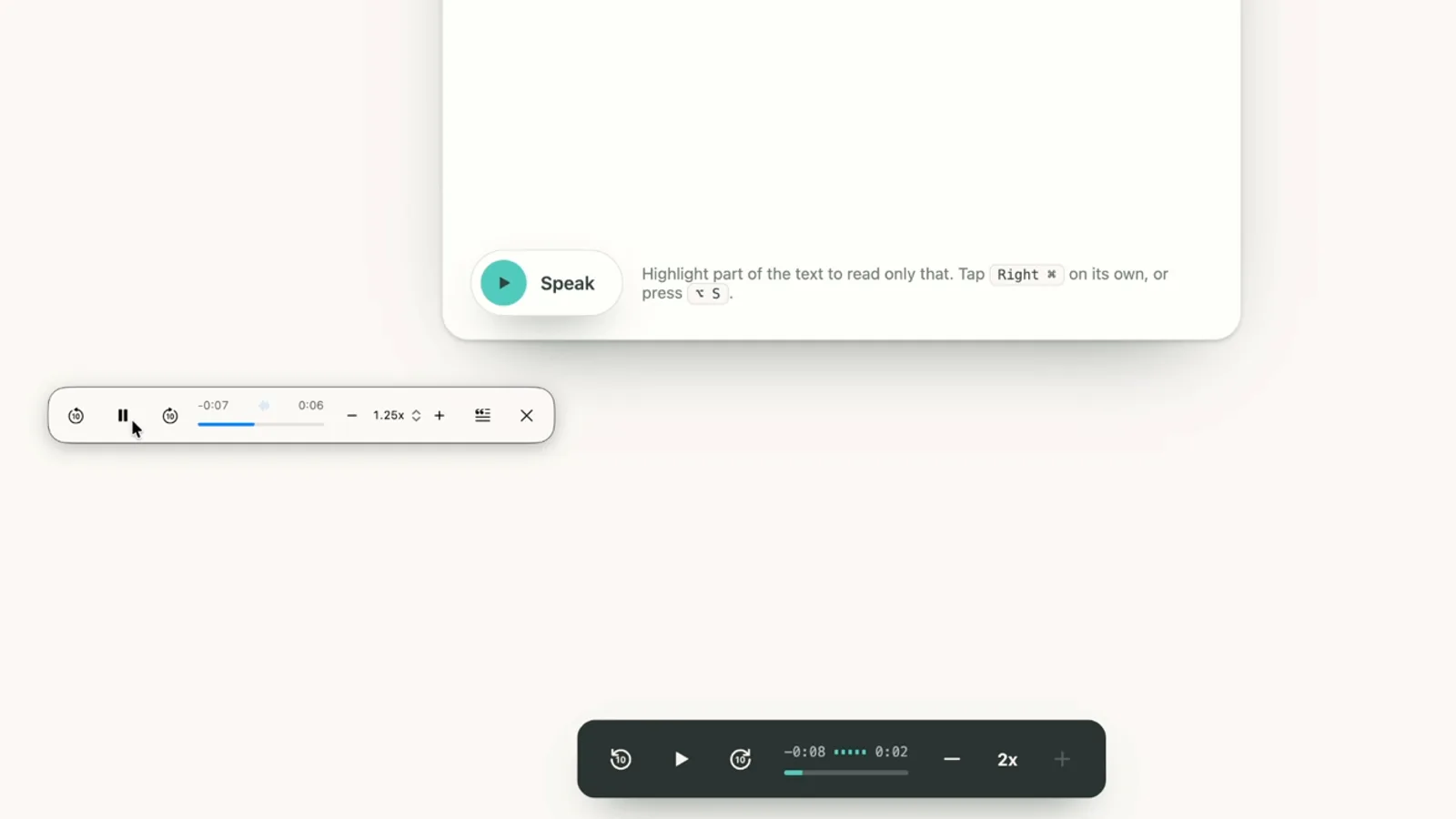 The web clone's playback bar next to the real HoverSpeech playback bar reading the same text