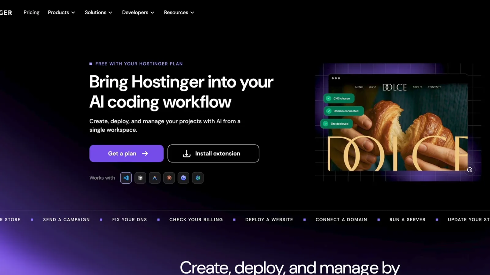 Hostinger's AI coding workflow page: Bring Hostinger into your AI coding workflow, with Get a plan and Install extension buttons