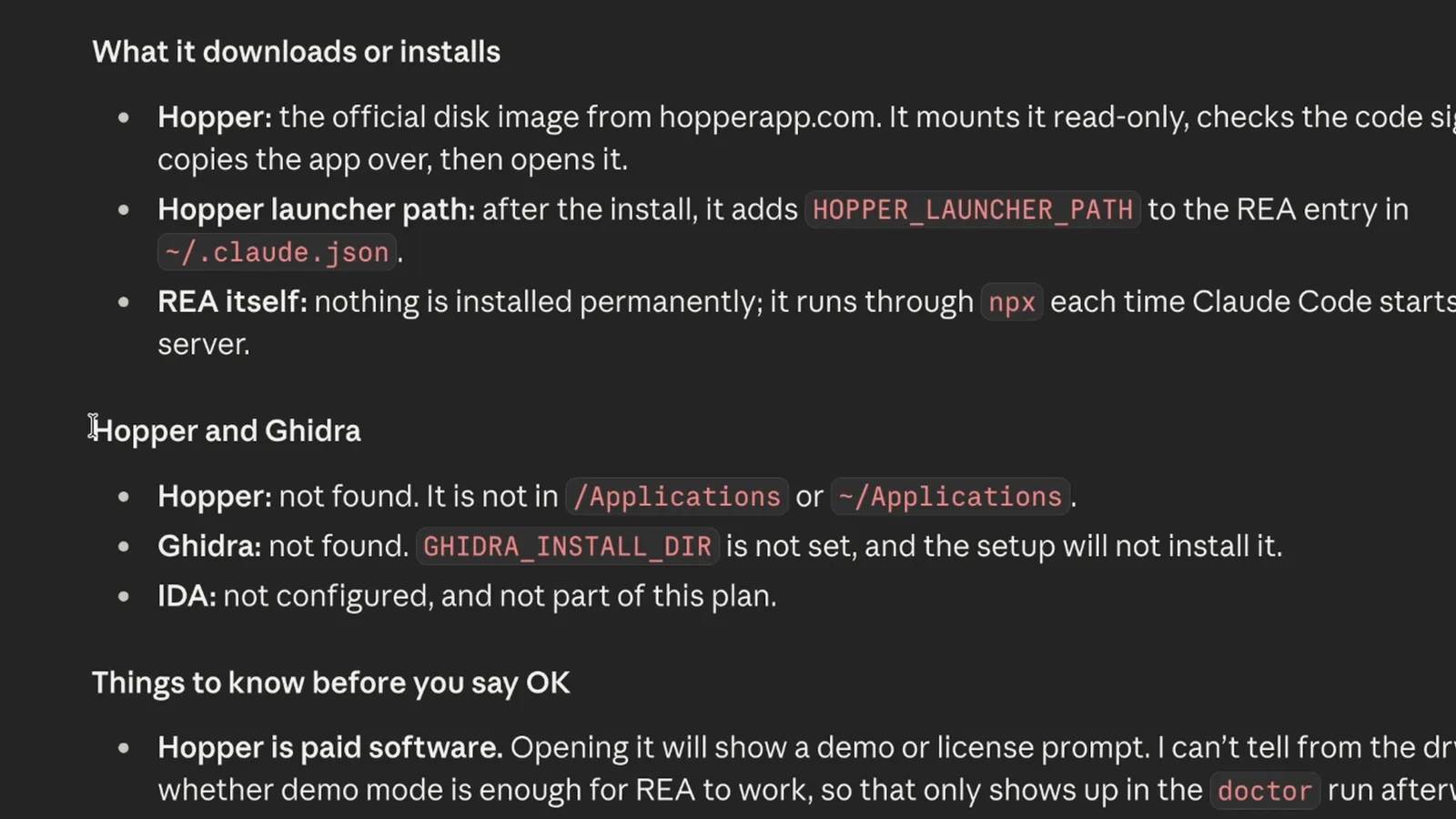 Claude Code's REA install plan listing what it downloads, that Hopper and Ghidra were not found, and that only Claude Code will be configured