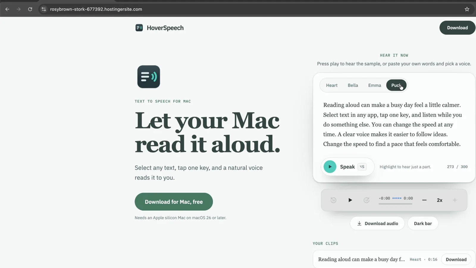 The HoverSpeech voice page live on a temporary hostingersite.com address, with Heart, Bella, Emma and Puck voices and a Speak button