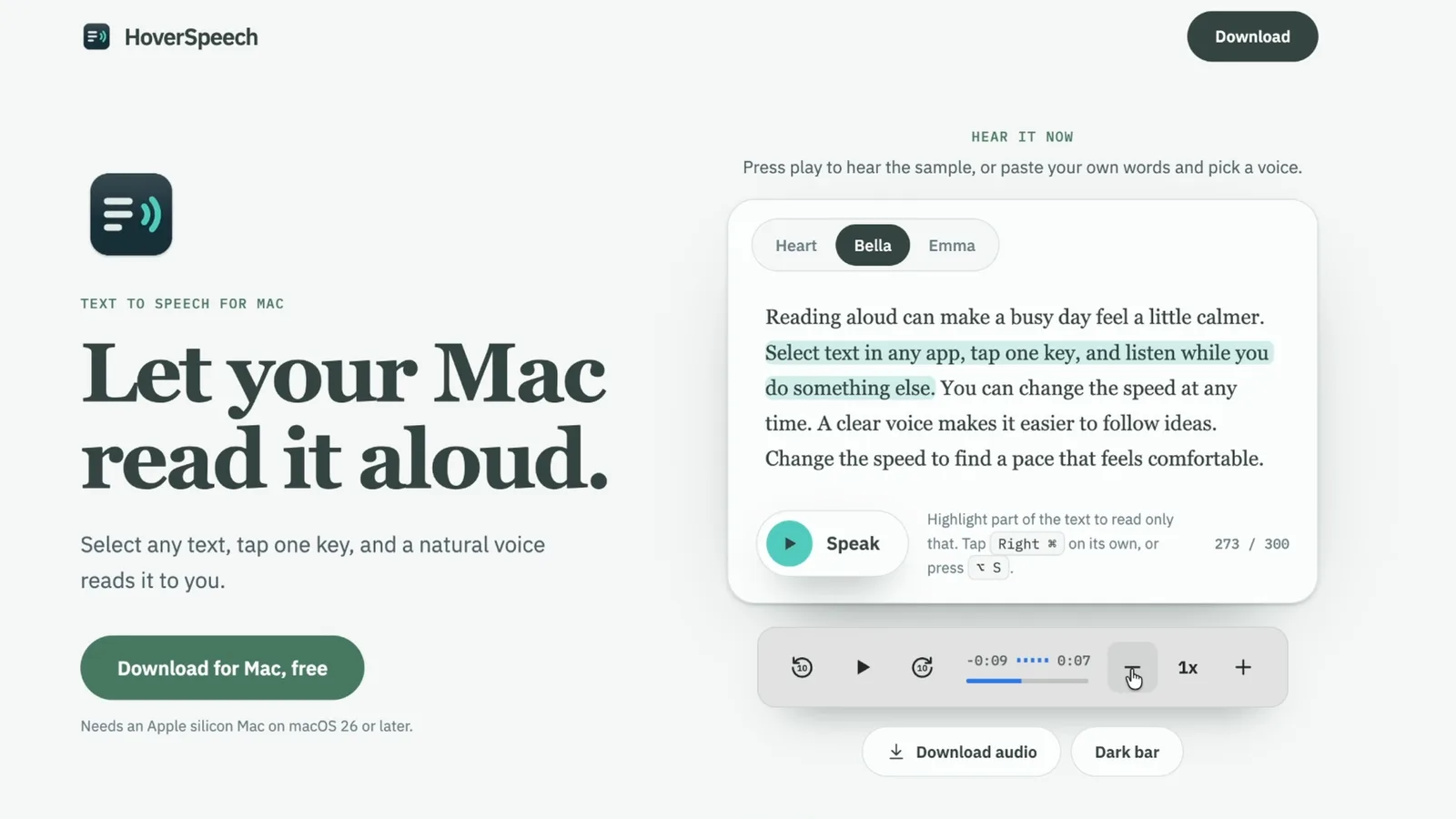 The HoverSpeech local web clone with a Speak button and highlighted sentence, showing first sentence started in 2.49 seconds