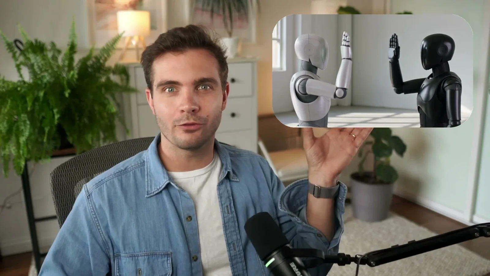 Moe Lueker holding out his palm with an AI-generated clip of a white robot and a black robot high-fiving placed above his hand