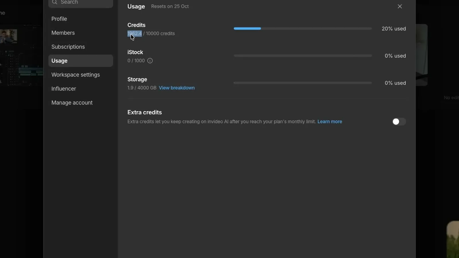 invideo usage page showing 20 percent of 10,000 monthly credits used after editing the intro