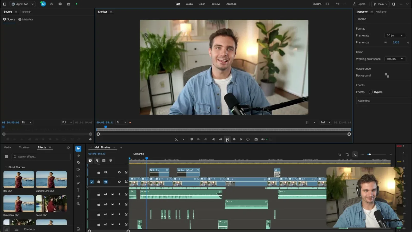 The finished intro in the invideo Editor timeline with A-roll and B-roll video layers and audio tracks for voice, music and sound effects
