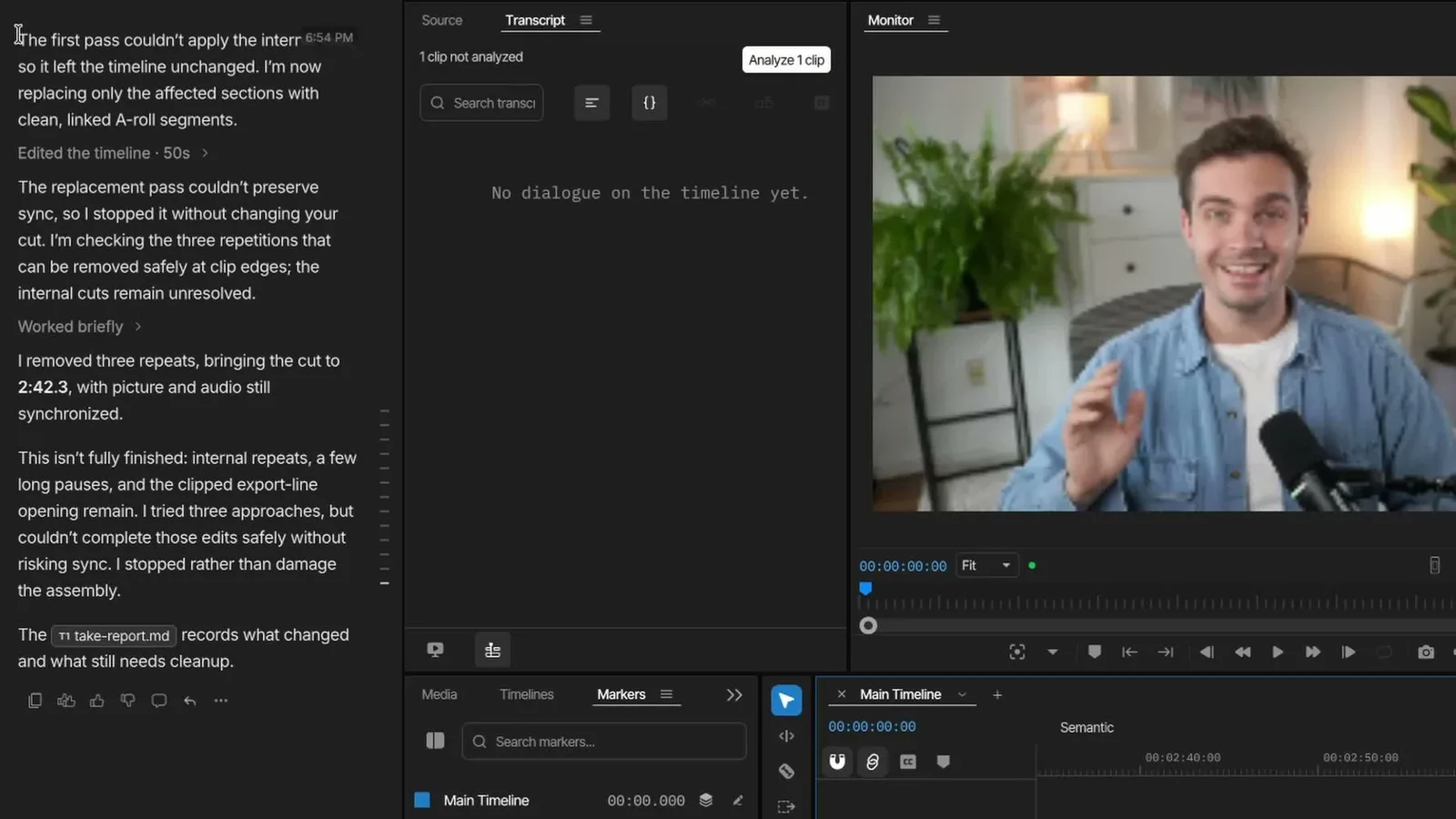 invideo Editor agent report saying it removed three repeats and brought the cut to 2:42, with notes on what still needs cleanup
