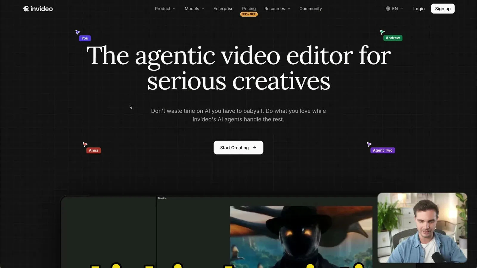 invideo homepage with the headline The agentic video editor for serious creatives