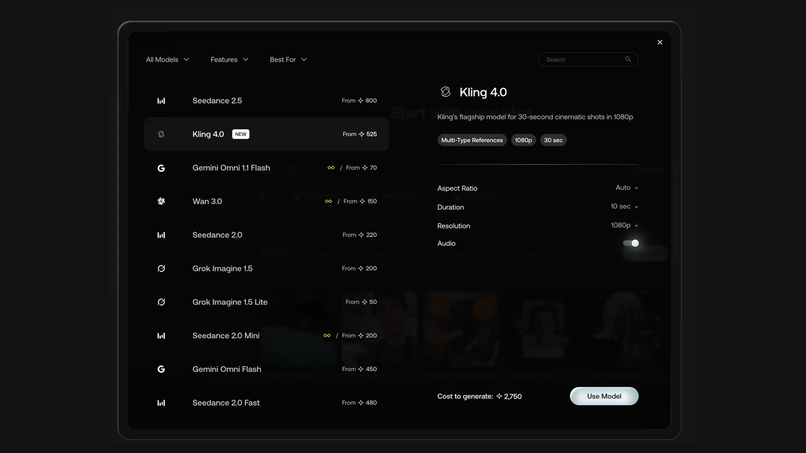 Artlist model picker with Kling 4.0 selected at 10 seconds, 1080p and audio on, showing a cost to generate of 2,750 credits, next to Seedance 2.5, Gemini Omni 1.1 Flash, Wan 3.0 and Seedance 2.0