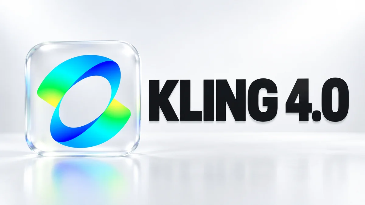 The Kling 4.0 logo on a frosted glass tile next to the words KLING 4.0 in a bright white studio